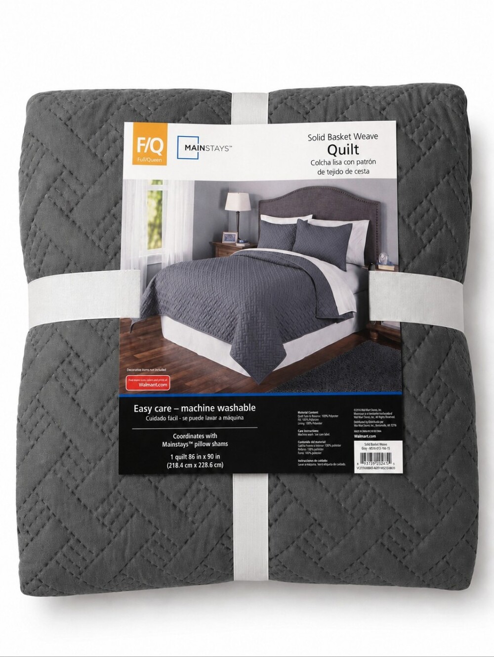 Mainstays Gray Solid Basket Weave Quilt Full/Queen New